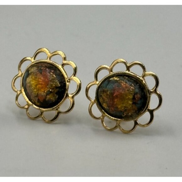 3/$30 Vintage Rainbow Flake Earrings Gold Tone Studs Iridescent Foil Cabochons - Picture 4 of 10